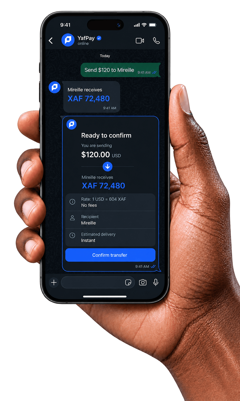 Hand holding an iPhone with a branded YafPay conversation