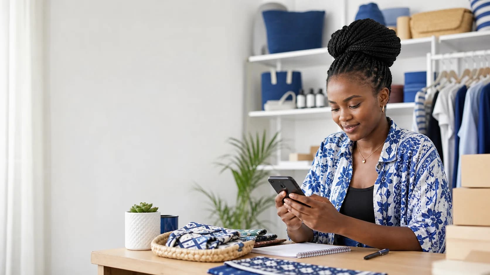 A Cameroonian entrepreneur using her phone while managing her business